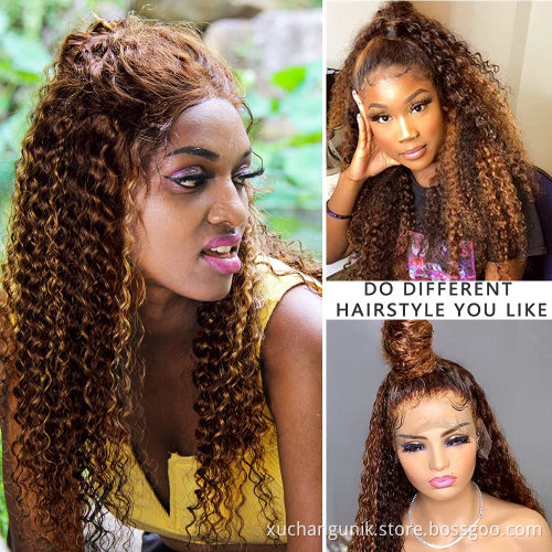 Human Wig Vendor Highlight Brown Wig Ombre Color Malaysian Virgin Cuticle Aligned Human Hair Wig HD Lace Front Closurs